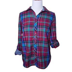 Talbots Cotton Plaid Button Down Roll Sleeve Shirt Vibrant Flannel Style Small
